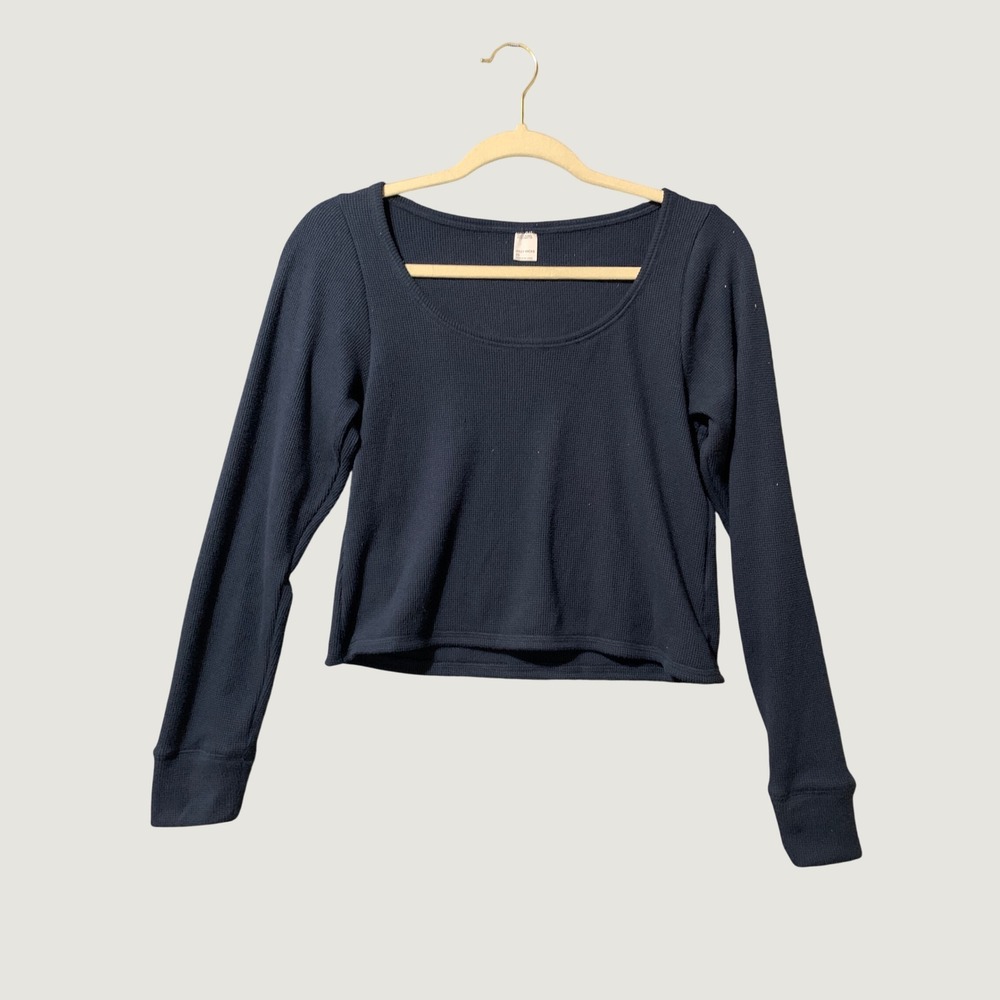 Gilly Hicks Pullover Women XS Waffle Knit Navy Blue Scoop Neck Cropped EUC